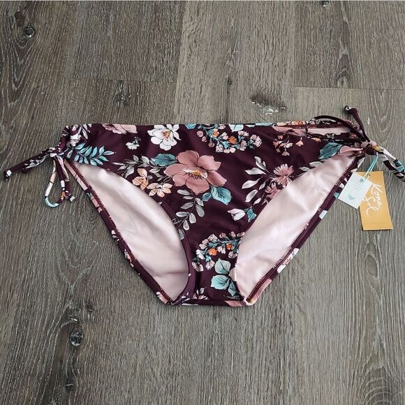 Kona Sol Medium Coverage Hipster Burgundy Floral Bikini Bottoms X-Large - Picture 1 of 5